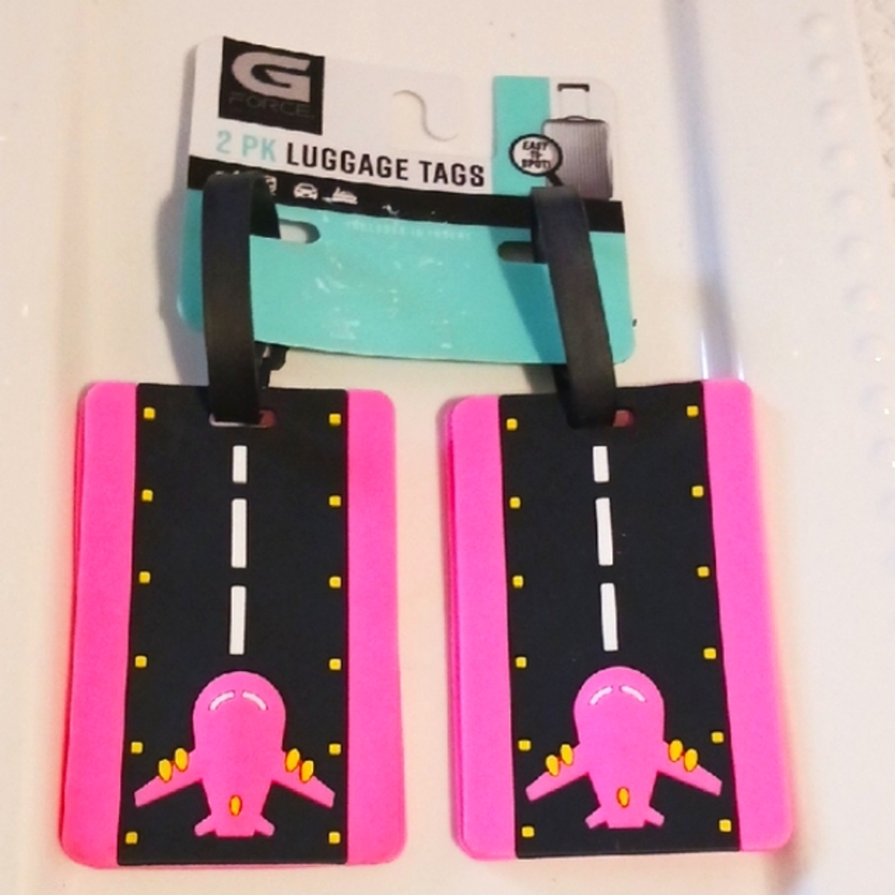 Cute G-FORCE Pink and Black Airplane Runway 2-Pack Luggage Tags ✈️🌍🏖🏝✈️